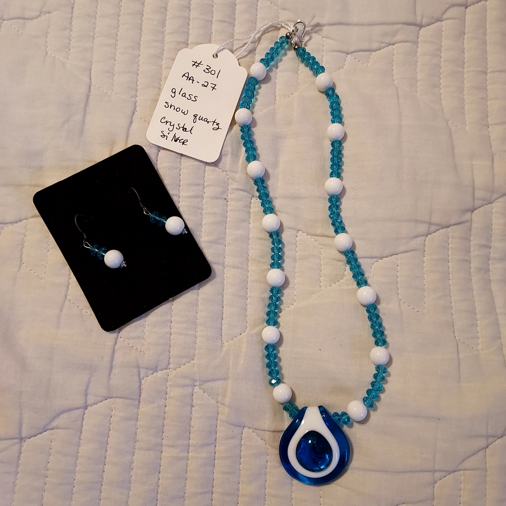 Blue and White Beaded Necklace and Earring Set